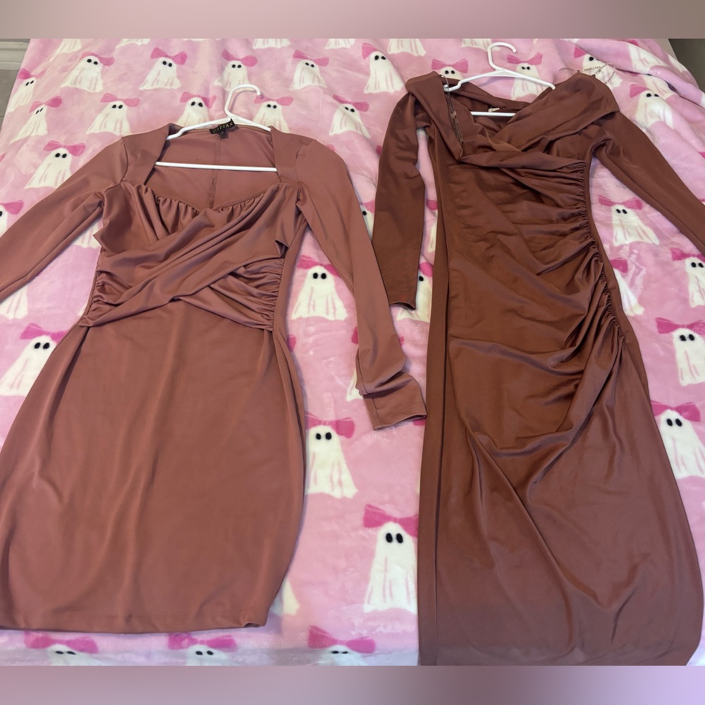 Selling Both
-Short Nude Dress
-Long Off-shoulder Brownish Dress